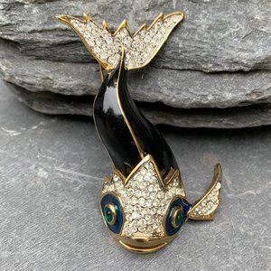 Kenneth Jay Lane KJL Dramatic Koi Fish Black Enamel and Rhinestone Brooch/Pin